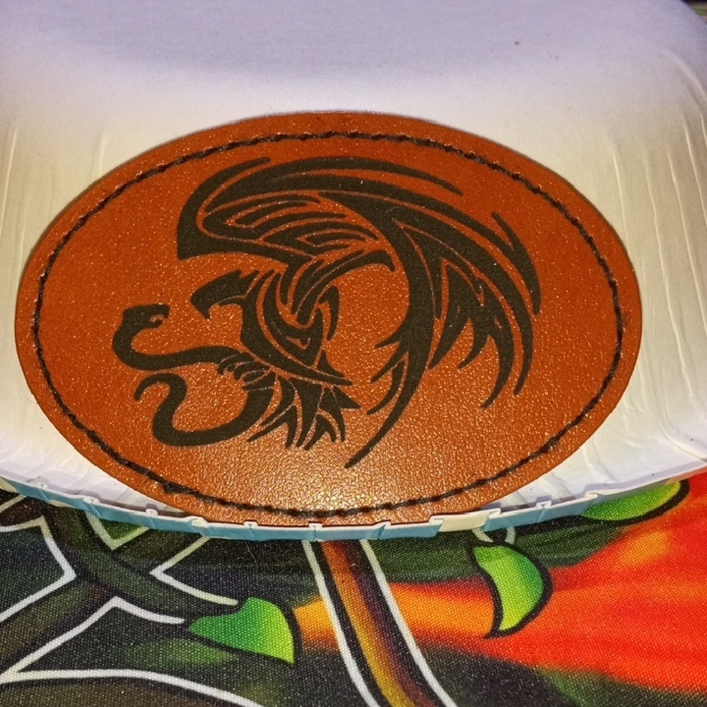 Brown Leather Patch with Black Dragon Design